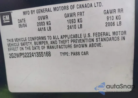 2004 Pontiac Grand Prix Gt1 из США, поврежденный, VIN 2G2WP522241355168